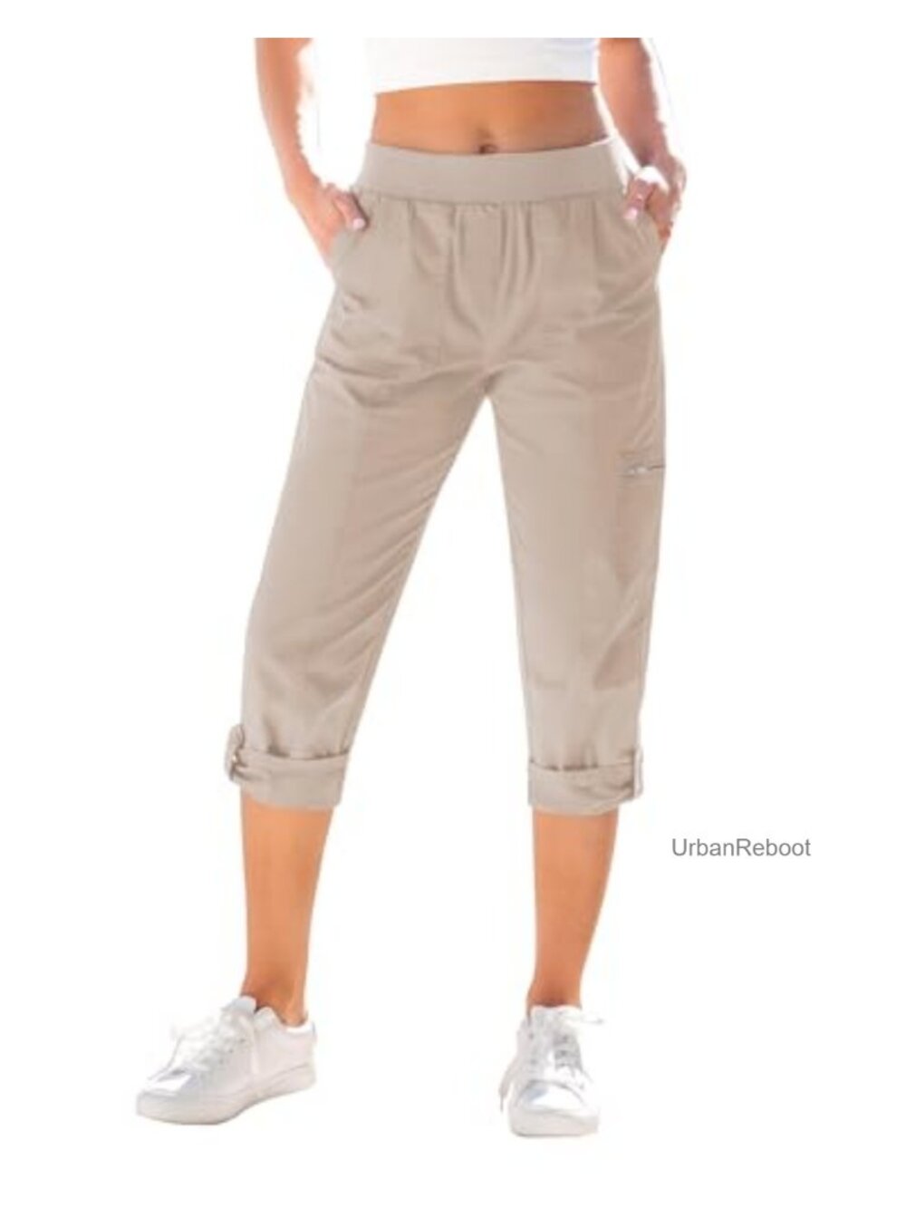 High Waisted Capri Cargo Pants Stretch Twill Pull On Rolled Hem Pockets